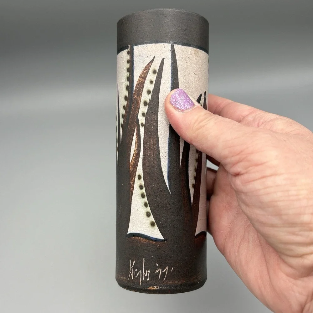 Vintage Scandinavian Vase Signed Leaves MCM Brown White 5.75